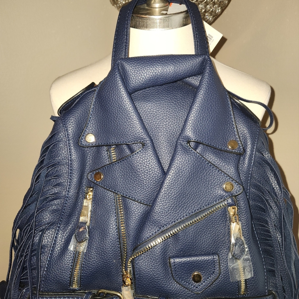 Blue fringe jacket backpack purse
